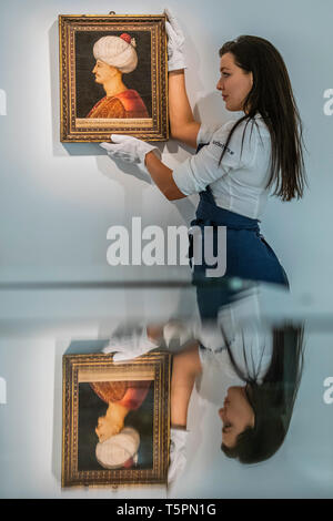 Sothebys, Londres, Royaume-Uni. 26 avr 2019. Un portrait de Soliman le Magnifique, par un disciple de Gentile Bellini, Italie, probablement Venise, circa 1520 (est. €250,000-350,000) - Un essai de 1 200 ans d'art du Moyen-Orient à Sotheby's Londres. Les ventes aux enchères aura lieu le 30 avril et 1 mai. Crédit : Guy Bell/Alamy Live News Banque D'Images
