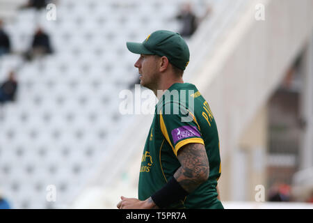 Nottingham, Royaume-Uni. Apr 26, 2019. Au cours de l'Australien Jame Pattinson Royal London Simatai Cup match entre Notts Outlaws et renards Leicestershire à Trent Bridge, Nottingham, Angleterre le 26 avril 2019. Photo de John Mallett. Usage éditorial uniquement, licence requise pour un usage commercial. Aucune utilisation de pari, de jeux ou d'un seul club/ligue/dvd publications. Credit : UK Sports Photos Ltd/Alamy Live News Banque D'Images