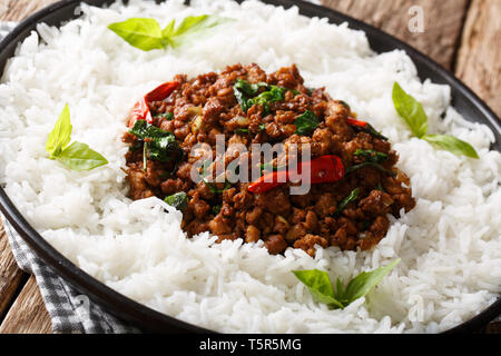 Poulet au basilic (Gai Pad Krapow) - Le poulet, l'ail, les échalotes, le basilic, la sauce soja sucrée et du riz sur une plaque horizontale sur la table. Banque D'Images