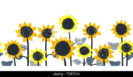 Les tournesols. Frontière horizontale vecteur modèle homogène. Hand drawn doodle tournesols sur fond blanc. Illustration de Vecteur