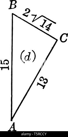 L'image montre le droit triangle avec Etape 13 et l'hypoténuse 15. Le triangle ABC a trois côtés et trois angles, vintage dessin ou gravure de mauvais Illustration de Vecteur