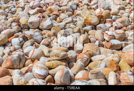Galets naturels, fond rond lisse de couleur jaune beige pierres empilées à l'extérieur, journée ensoleillée Banque D'Images