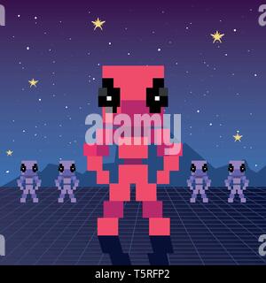 Pixel écran caractères étrangers jeu vidéo retro vector illustration design Illustration de Vecteur