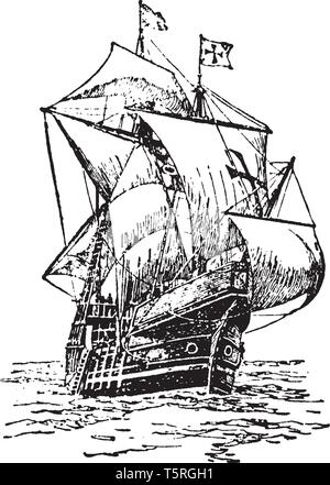 Santa Maria a été le plus grand des trois navires utilisés par Christophe Colomb lors de son premier voyage, vintage dessin ou gravure illustration. Illustration de Vecteur