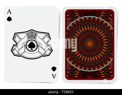 As de pique face avec piques de rubans et de retour avec orange rouge motif rond géométriques de même. Modèle de carte de vecteur Illustration de Vecteur