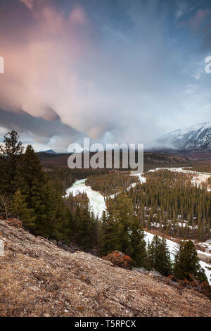 Mt. Edith Cavell et vallée de l'Athabasca sous passant tempête. Banque D'Images