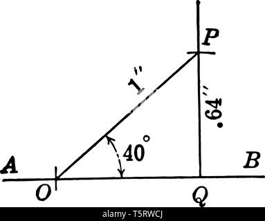 L'image montre le droit triangle avec côtés 64 et 1 et l'angle de 40 degrés. AB est le lignes horizontales, vintage dessin ou gravure illu Illustration de Vecteur