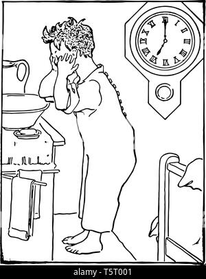 Un enfant se lave le visage dans le bassin. Une horloge murale derrière lui montrant que 7:00, vintage dessin ou gravure illustration. Illustration de Vecteur