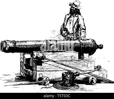 Long Tom est un grand canon placé sur les navires de guerre pendant la Révolution américaine, vintage dessin ou gravure illustration. Illustration de Vecteur