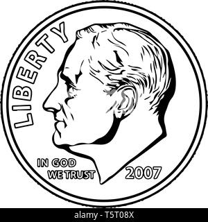 La pièce de coin United States utilisée, il est de 10 cents. C'est un dixième de un dollar des États-Unis. L'avers le profil de Franklin D. Roosevelt, vinta Illustration de Vecteur