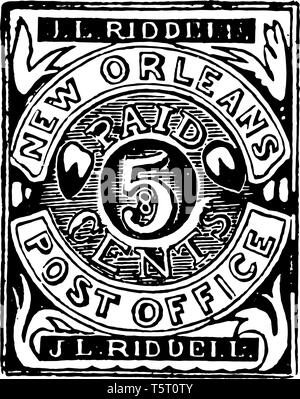 Louisiane cinq cent stamp contient un cercle écrit avec la Nouvelle Orléans et l'overahead et 5 dans le centre de dessin Ligne vintage ci-dessous. Illustration de Vecteur