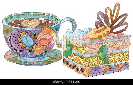 Tasse de café ou de thé vecteur avec gâteau et de l'abrégé des ornements. Illustration à la main pour la décoration de t-shirt Illustration de Vecteur