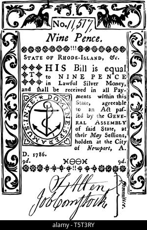C'est Bill neuf pence monnaie Rhode Island de 1786. Image montre une ancre entourée par l'inscription, de dessin Ligne vintage ou illustra gravure Illustration de Vecteur