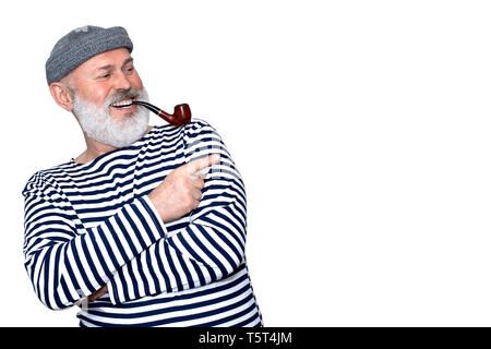 Cheerful marin dans un gilet rayé avec un tuyau, Portrait d'un vieil homme avec une barbe grise Banque D'Images