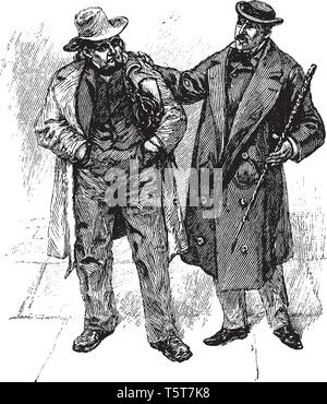 Deux hommes avec des chapeaux de parler les uns aux autres, la gravure ou le dessin des lignes vintage illustration Illustration de Vecteur