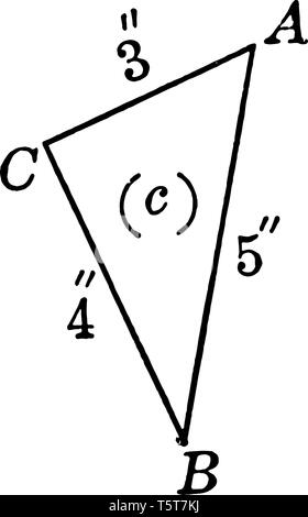 L'image montre le droit triangle avec 3 jambes et l'hypoténuse 5. Le triangle ABC a trois côtés et trois angles. ses deux côtés sont semblables et la troisième Illustration de Vecteur