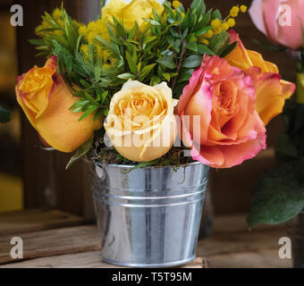 Composition florale avec des roses parfumées et colorées et mimosa dans un pot d'argent Banque D'Images