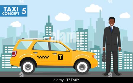 Taxi service concept. Illustration détaillée de l'african american businessman sur arrière-plan avec taxi et cityscape in télévision style. Vector illustration. Illustration de Vecteur