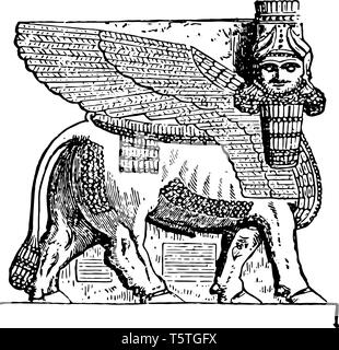 L'image montre Dieu assyrien Ninip. Il a l'air et des animaux est le Dieu de l'Assyrie, un ancien pays d'Asie, vintage dessin ou gravure illustrat Illustration de Vecteur