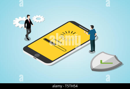 3D isométrique concept mise à jour système processus avec applications smartphones dans l'avancement du téléchargement - vector illustration Banque D'Images