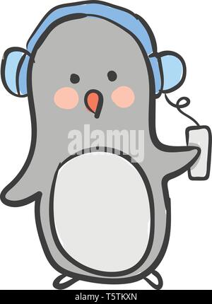 Cute little penguin cartoon en couleur gris est à l'écoute de la musique avec son casque bleu vector dessin en couleur ou de l'illustration Illustration de Vecteur