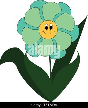 Caricature d'un simple sourire fleur bleue avec des feuilles vertes vector illustration sur fond blanc Illustration de Vecteur