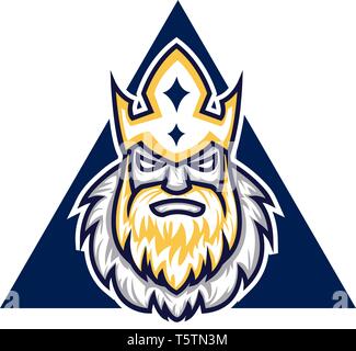 Un guerrier face avec couronne dans un triangle bleu avec barbe jaune, Scénario, dessin en couleur ou d'illustration. Illustration de Vecteur