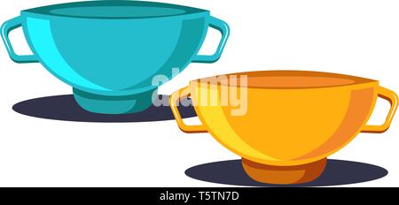 Deux tasses de café en bleu et jaune avec deux poignées vector dessin en couleur ou d'illustration. Illustration de Vecteur