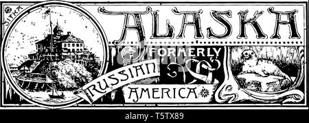 L'état de l'Alaska cette bannière bannière a un state house et waving flag en face du petit lac avec un bateau et un côté droit, sea lion vint Illustration de Vecteur
