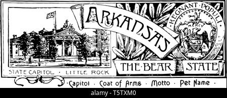 La bannière de l'état de l'Arkansas, l'état de l'ours cette bannière a state house avec waving flag et à droite un ange de miséricorde, l'épée et la déesse vi Illustration de Vecteur