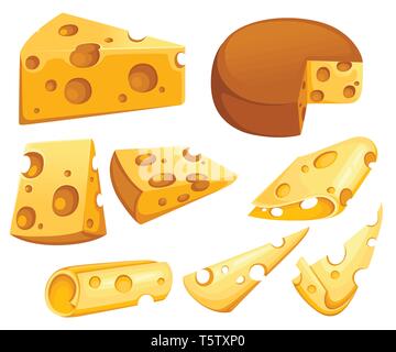 Tranches de fromage collection. Morceau de fromage triangulaire. Le lait produit icon set. Télévision vector illustration isolé sur fond blanc. Illustration de Vecteur