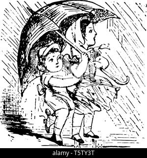 Cette pluie pluie photo deux enfants une marche sous la pluie parapluie en ligne vintage ou dessin gravure illustration Illustration de Vecteur