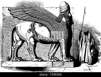 La démonstration d'un lamassu (lion ailé avec une tête humaine) dans le Palais d'Assurnazirpal. À partir de la neuvième à la septième siècle, vintage line led Illustration de Vecteur