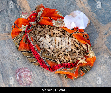 Sac en tissu du curcuma racine sur la terrasse d'une maison de village dans la région de Binsar Uttarakhand en Inde du Nord Banque D'Images