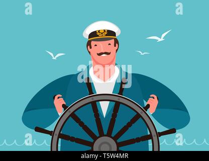 Marin à la barre du navire. Croisière voile, vector illustration Illustration de Vecteur