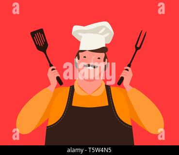 Chef holding pour cuisine grill. Barbecue, cartoon vector illustration Illustration de Vecteur