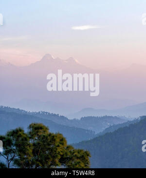 L'aube de la brume enveloppant la lointaine Twin Peaks de Nanda Devi la deuxième plus haute montagne de l'Himalaya indien - de Foothills Binsar dans Uttarakhand Banque D'Images