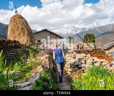 Femme marche à travers les montagnes de l'himalaya village de Supi au-dessus de la vallée de Pindare Uttarakhand en Inde du Nord Banque D'Images