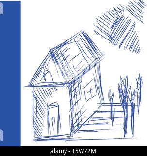Un stylo dessin d'une maison avec une porte une fenêtre sur le côté et une lucarne, il dispose également de quatre arbres et ciel vector dessin en couleur ou illust Illustration de Vecteur