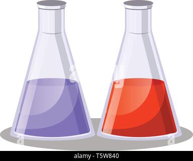 Deux Erlenmezey simple fiole avec fluides violet et rouge sur fond blanc d'illustration vectorielle Illustration de Vecteur