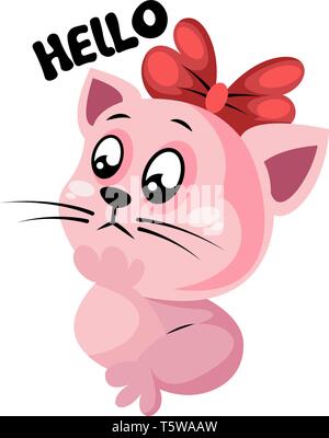 Kitty rose bébé avec arc rouge disant bonjour vector illustration sur fond blanc Illustration de Vecteur