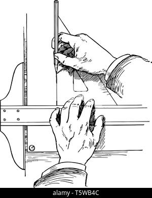 Encombrement des lignes verticales à l'aide d'un T-carré et un triangle est tenue avec le pouce qui s'inspirent des lignes horizontales de garder la ligne vintage le tranchant, drawi Illustration de Vecteur