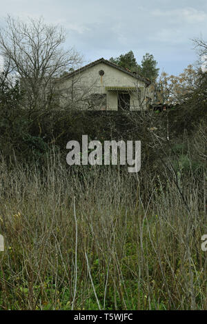 Vieille maison abandonnée dans les bois obscurci par jardin clôture et flétri envahis par les plantes de fenouil. Banque D'Images