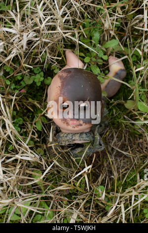 Tête de poupée en plastique brûlé spooky. Jouet Ancien patiné jetés dans les bois. Banque D'Images