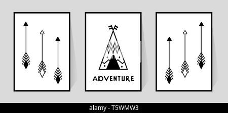 Décor de pépinière tipi ou wigwam dans un style scandinave. Inscription L'aventure et de trois flèches pour imprimer la typographie. Définir l'affiche monochrome pour kid Illustration de Vecteur