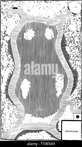 Plan pour Villa Garden semi pour résidences jumelées plan du salon coin repas extérieur vintage dessin ou gravure illustration. Illustration de Vecteur