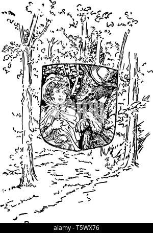 Le petit chaperon rouge cette image montre une petite fille avec wolf dans bouclier forme dans le centre d'arbres en arrière-plan vintage dessin ou gravure Illustration de Vecteur