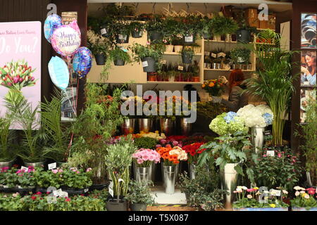 Magasin de fleurs fleuriste stand à la station avec des ballons d'anniversaire Banque D'Images