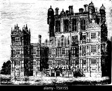 Wollaton Hall d'une maison de campagne en se tenant debout sur une petite colline, mais à des angles utilisés dans Wollaton et jambages la renaissance élisabéthaine vintage line led Illustration de Vecteur