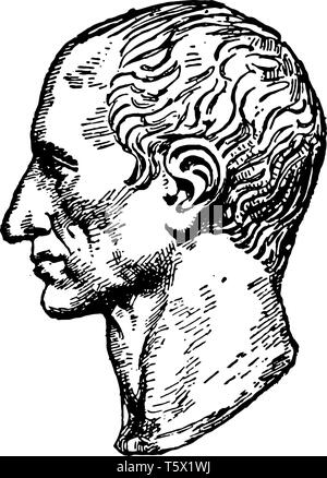 Buste de Jules César en 100 avant J.-C. à 44 av. J.-C., il était un homme politique romain et le général célèbre comme auteur de la prose latine vintage dessin ou gravure illustra Illustration de Vecteur